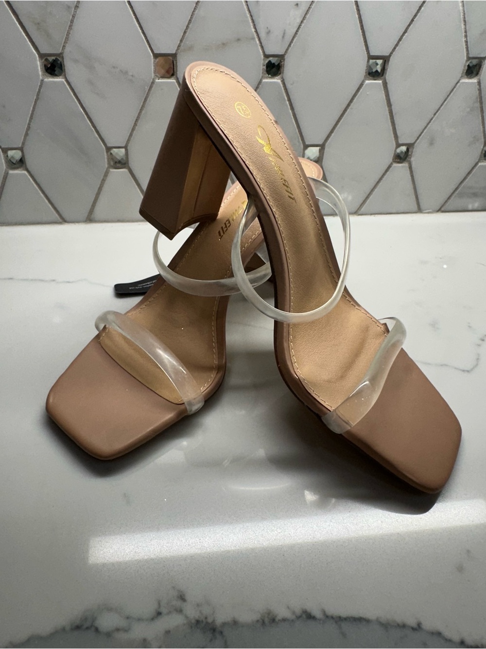 Clear-Strap Nude Block Heel Sandals
